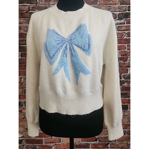 JESSICA SIMPSON L Blue Bow Sweater Coquette Victorian Feminine Balletcore Dainty - Picture 1 of 11